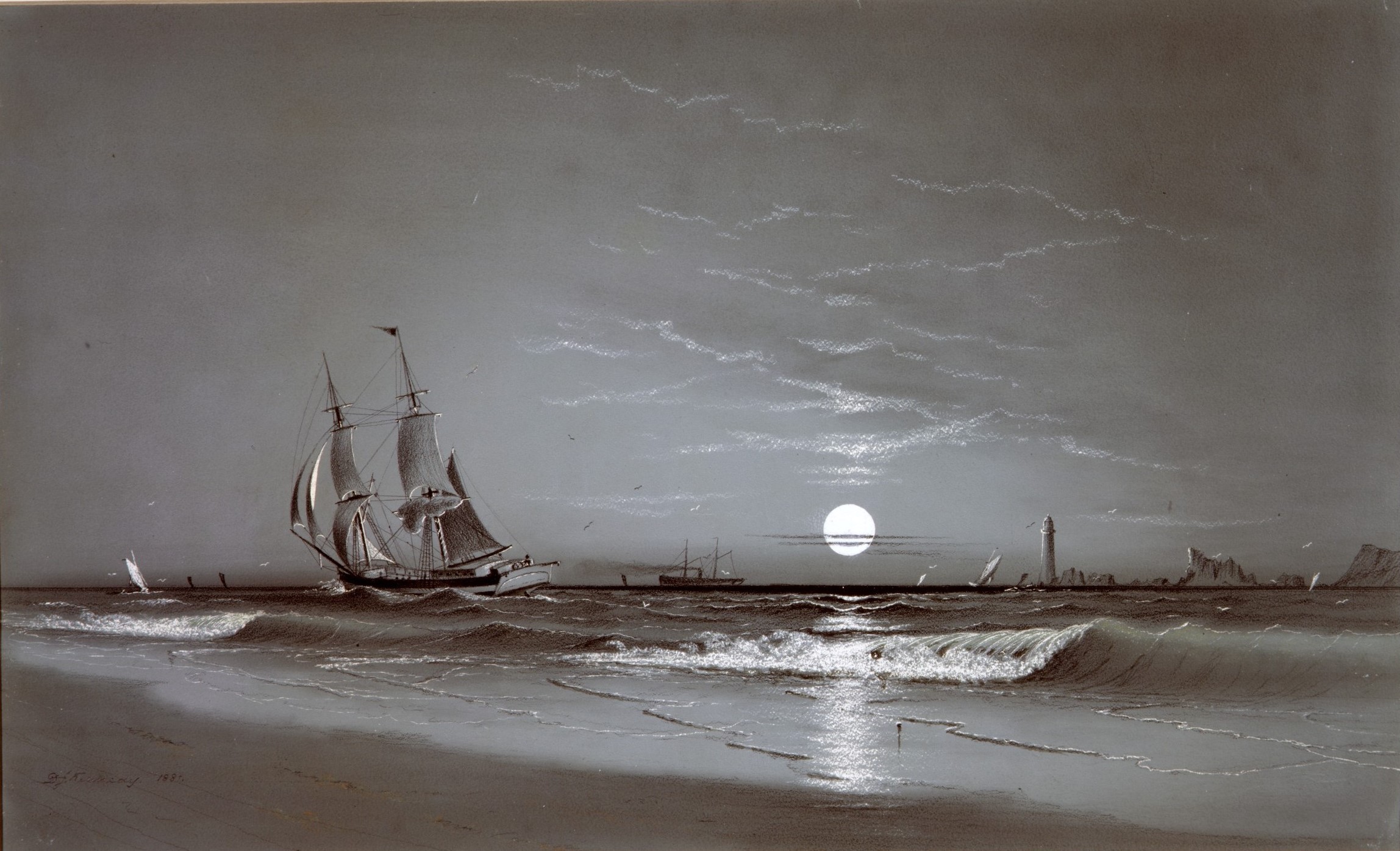 A3 Art Print titled Entrance to Harbor Moonlight by David Johnson Kennedy for room decor