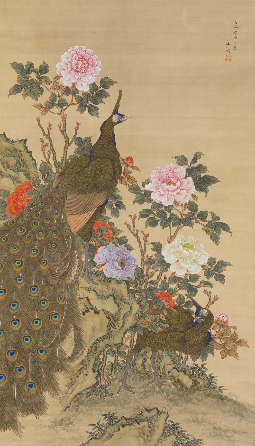 A3 Art Print titled Peacocks and Peonies by Tani Buncho for room decor