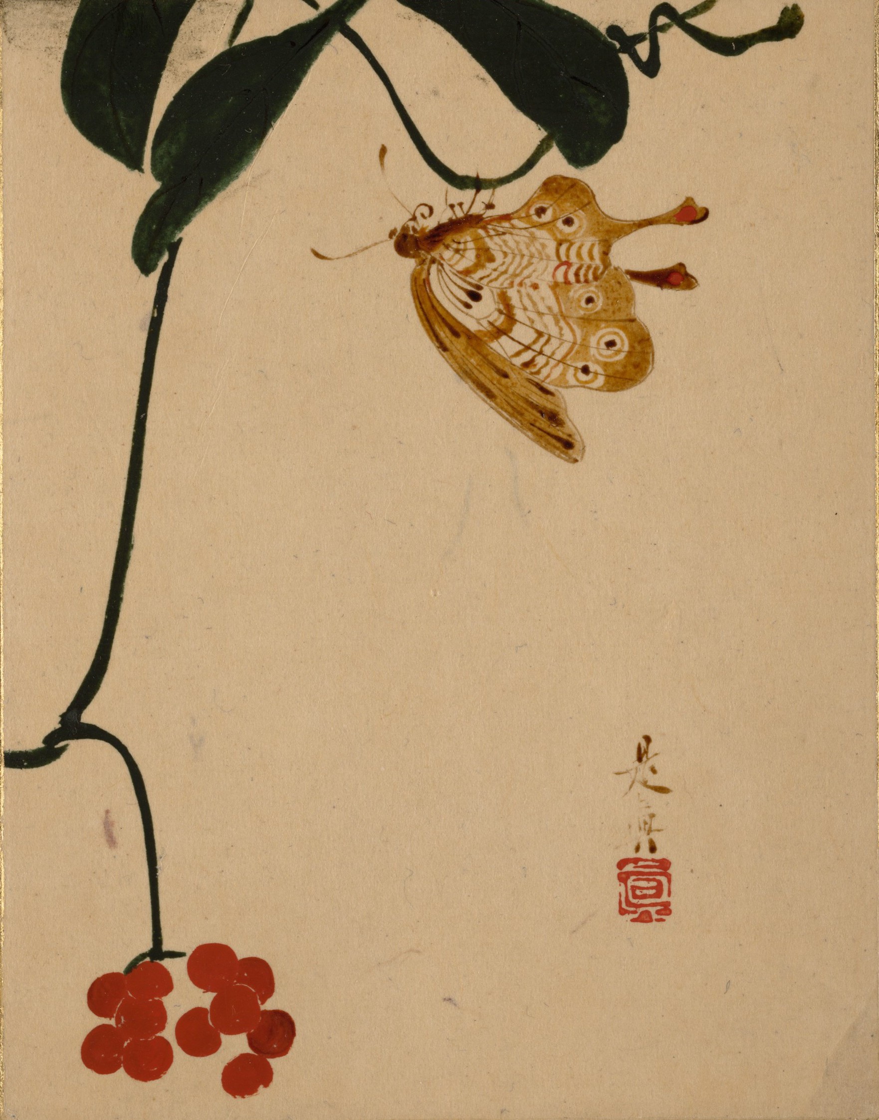 A3 Art Print titled Red Berry Plant and Butterfly by Shibata Zeshin for room decor