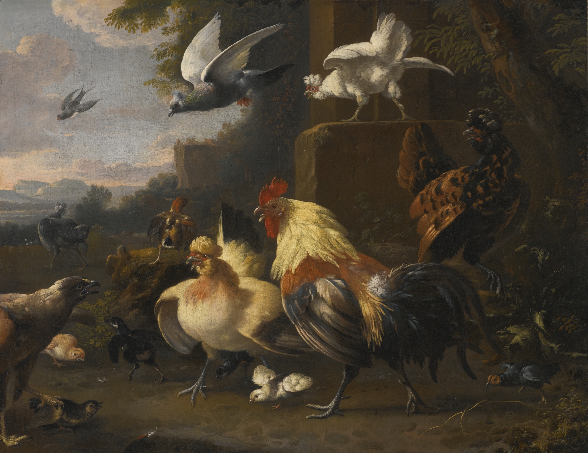 A3 Art Print titled An Eagle, a Cockerell, Hens, and Other Birds by Melchior d'Hondecoeter for room decor