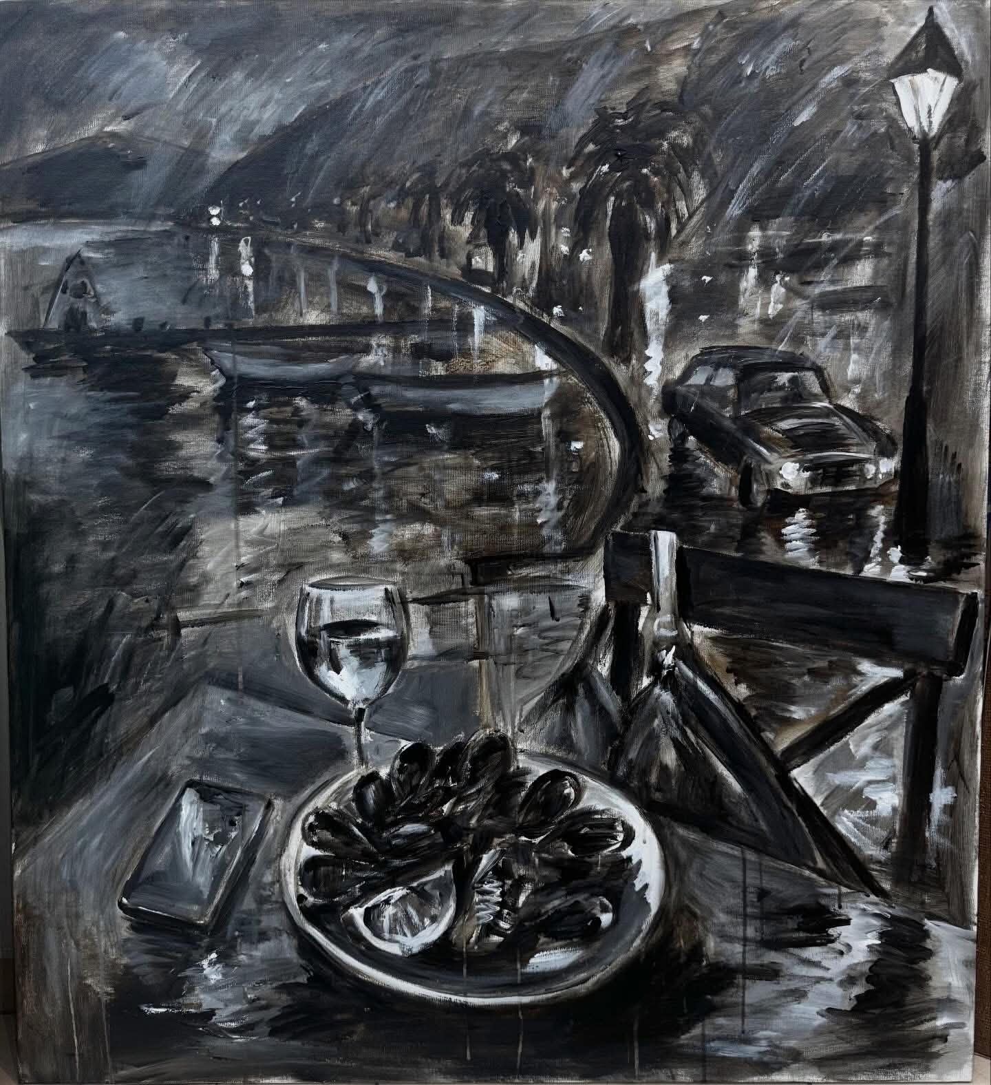 Original Painting titled Back to black by R.R. with gray, black tones for room decor