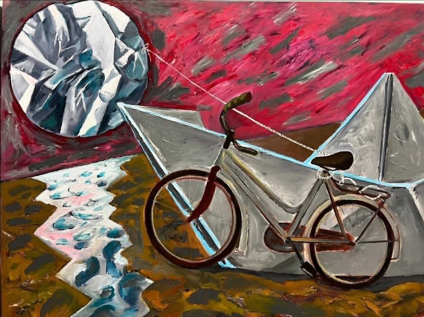 Original Painting titled Trace by R.R. with gray, orange, pink tones for room decor