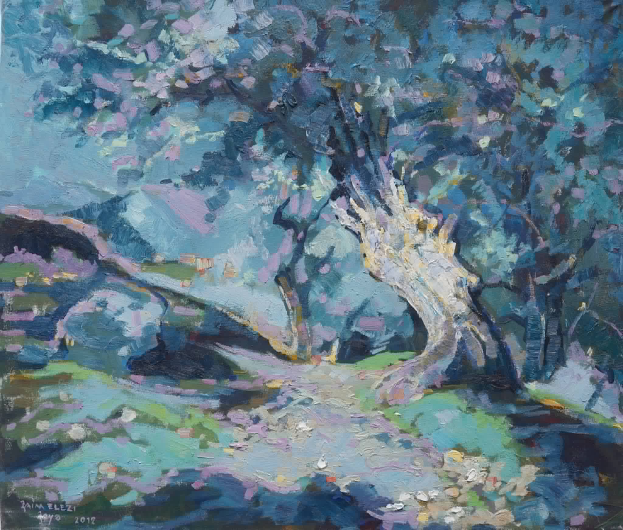 Original Painting titled Olive Tree by Z.E. with blue, white, teal tones for room decor