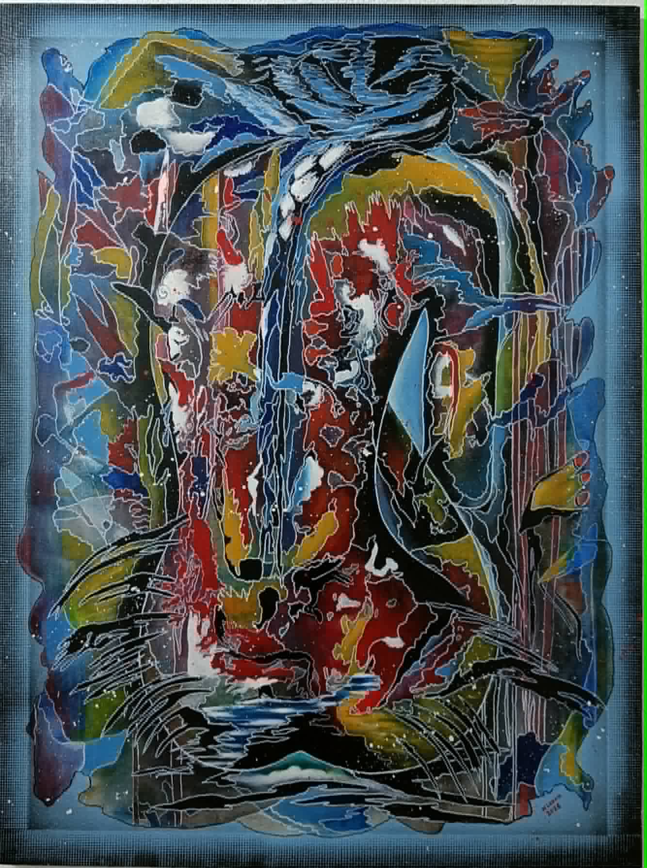 Original Painting titled Meditation by M.L. with beige, blue, black tones for room decor