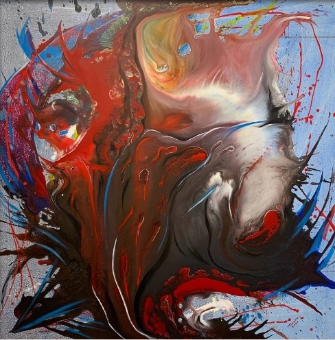 Original Painting titled Delfin by M.L. with orange, blue, black tones for room decor