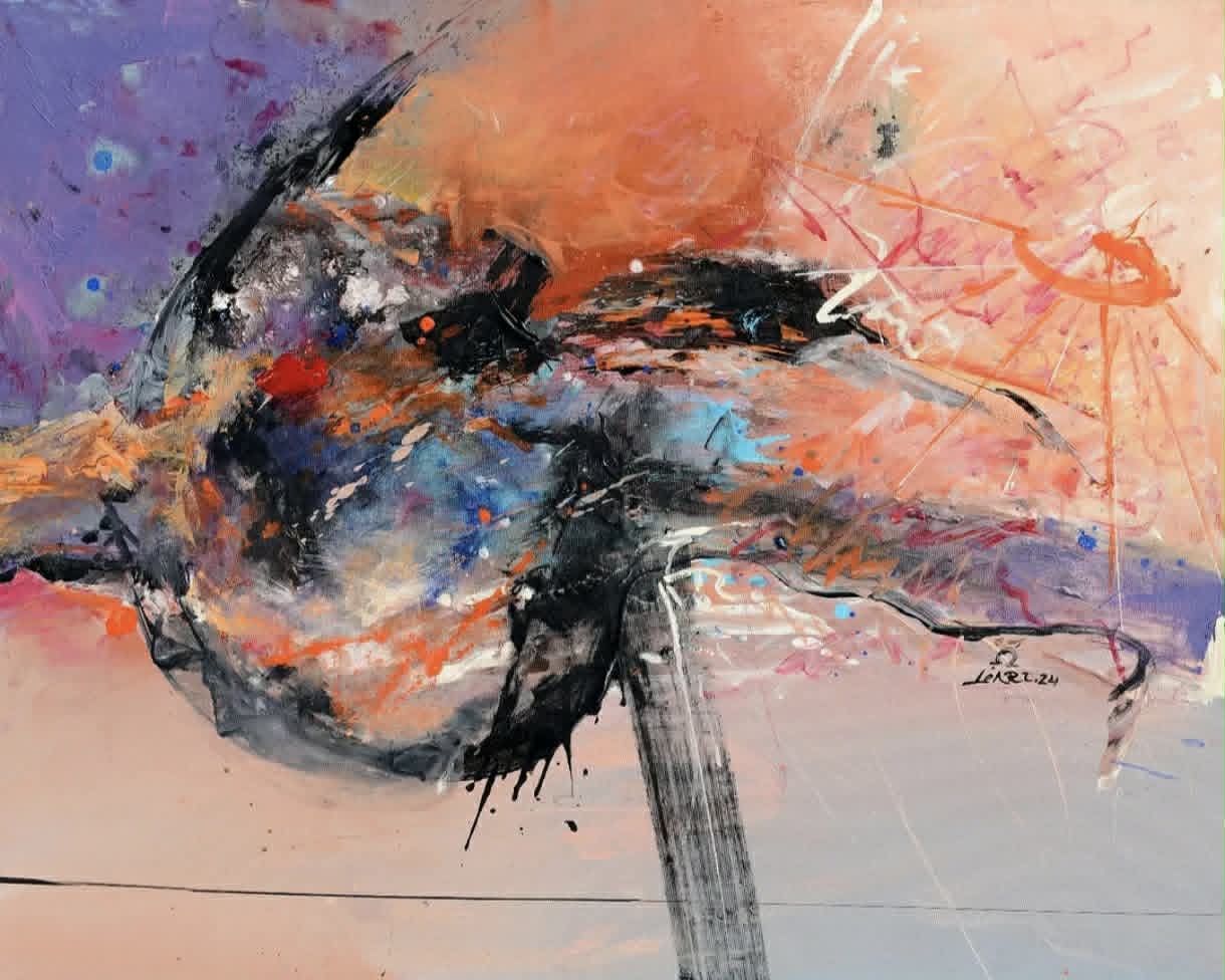 Original Painting titled Divine Light by L.H. with white, blue, orange tones for room decor