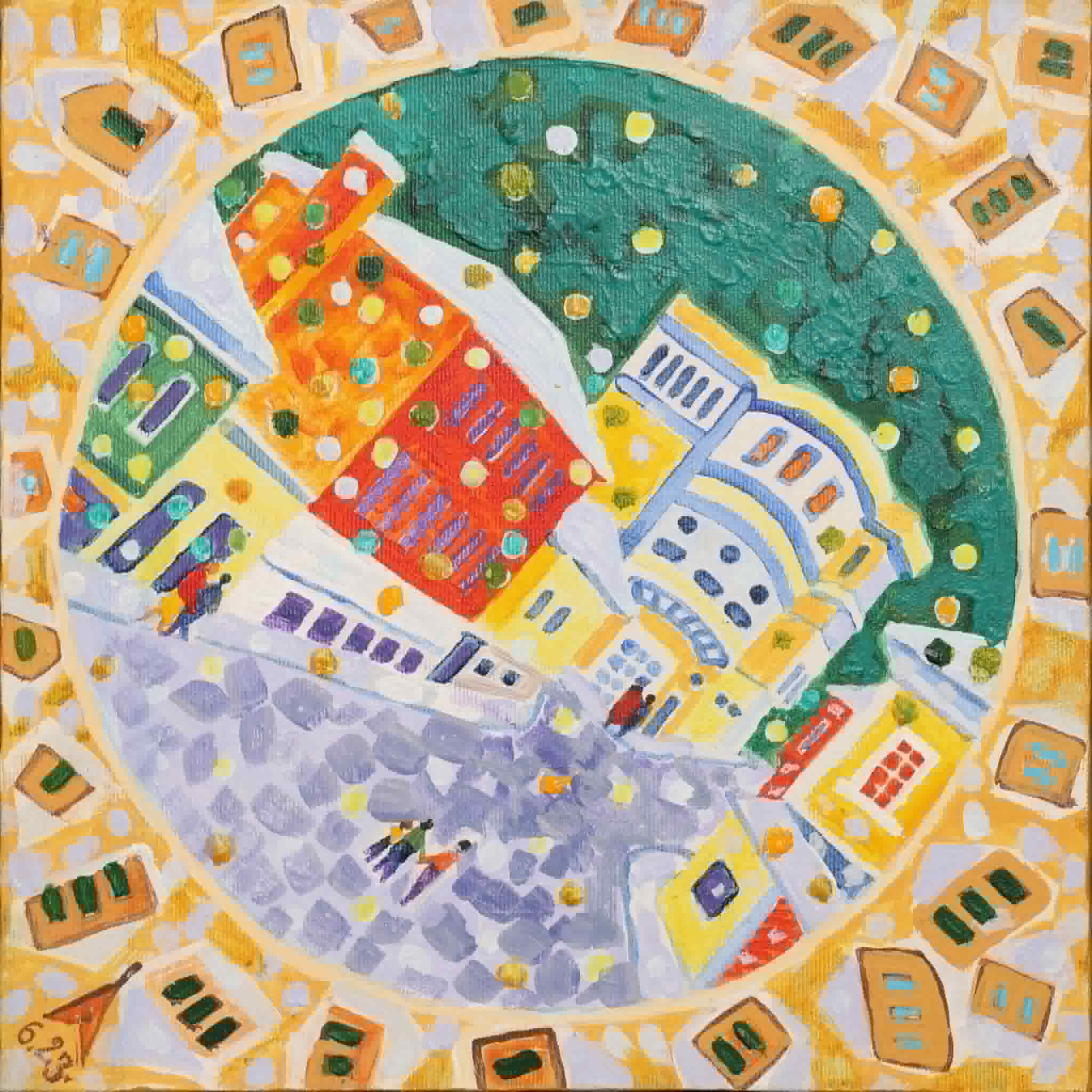 Original Painting titled First Snow by AS. with white, orange, blue tones for room decor