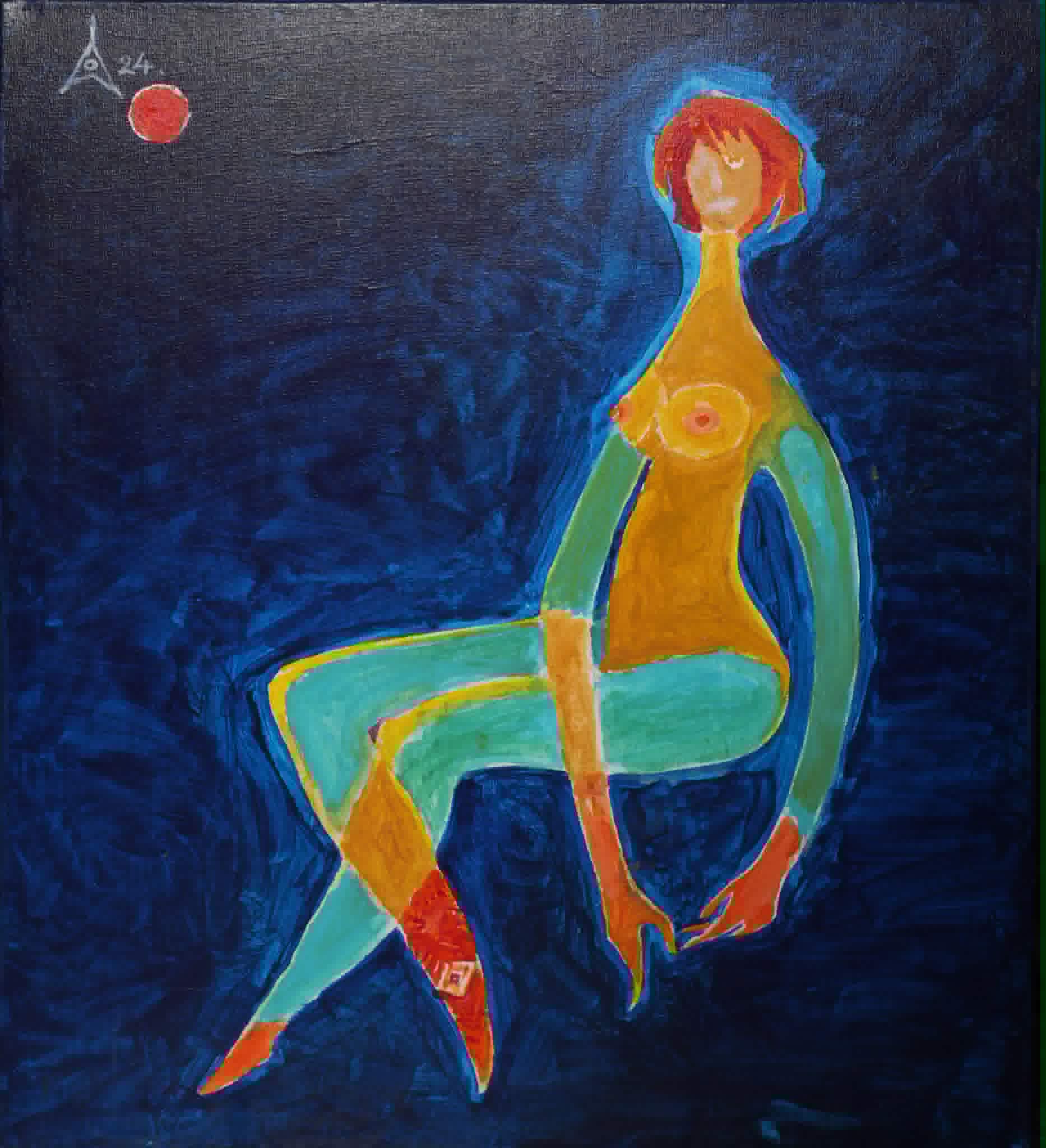 Original Painting titled The Red Moon by A.S. with blue, green, gray tones for room decor