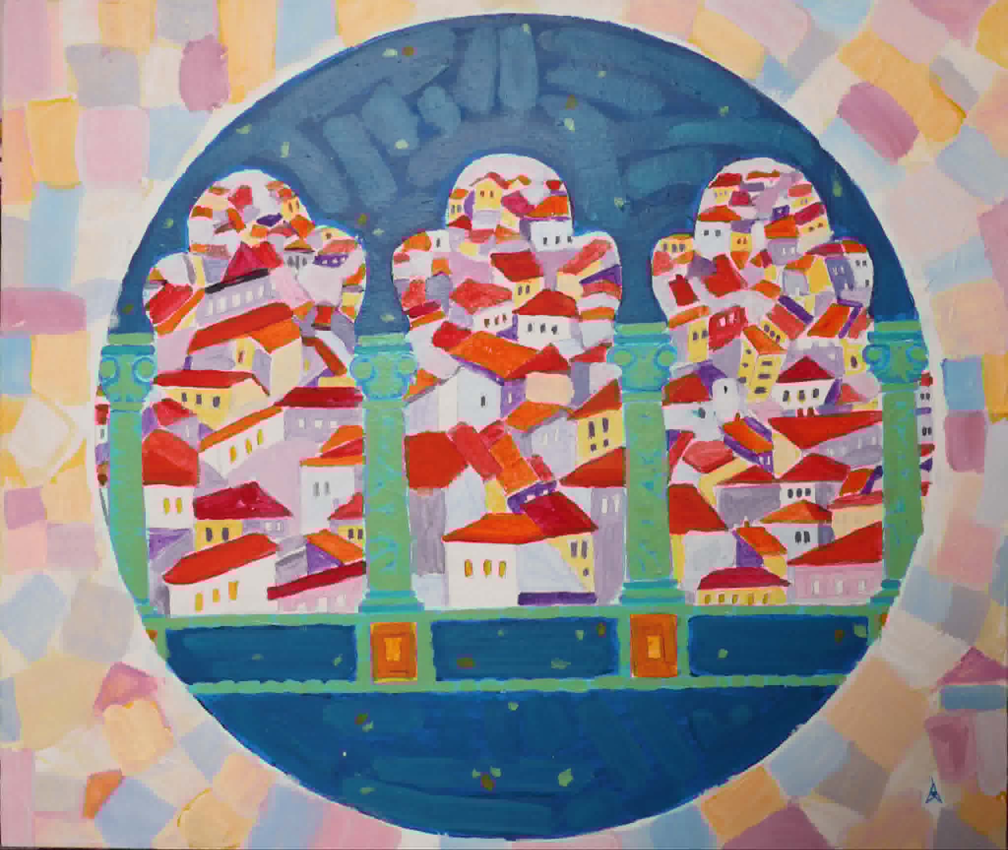 Original Painting titled My Town by A.S. with white, blue, orange tones for room decor