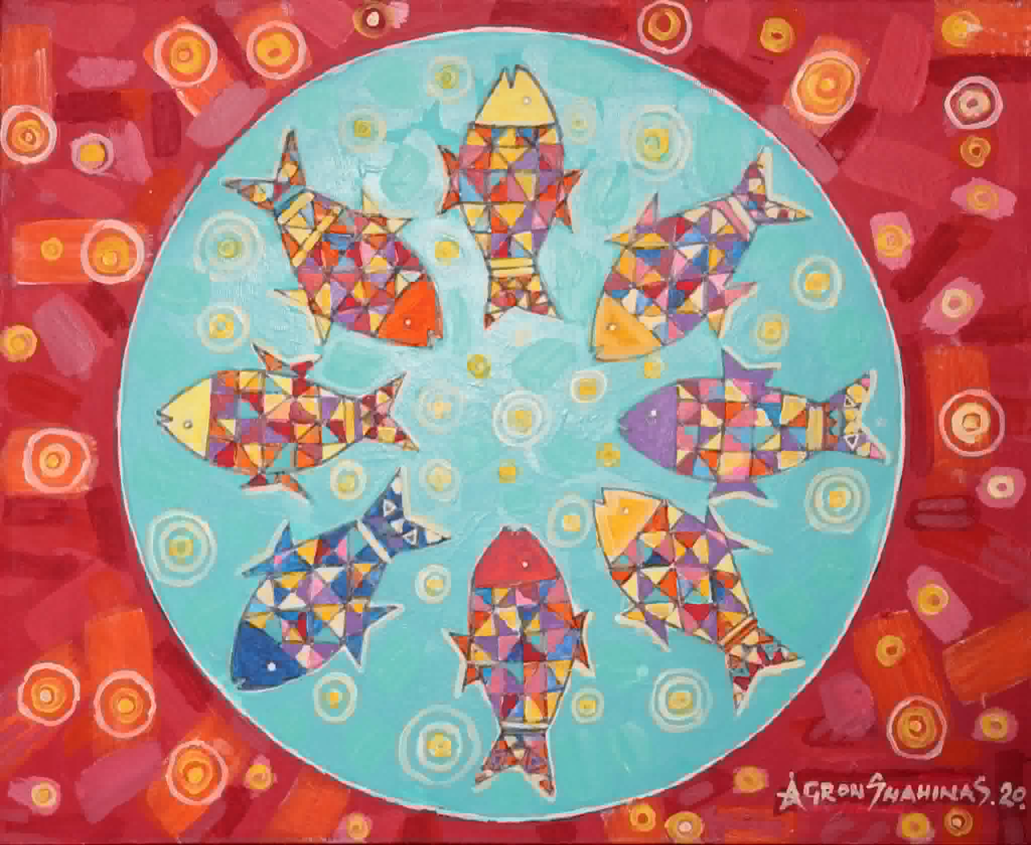 Original Painting titled Fish in the Tank by A.S. with pink, teal tones for room decor
