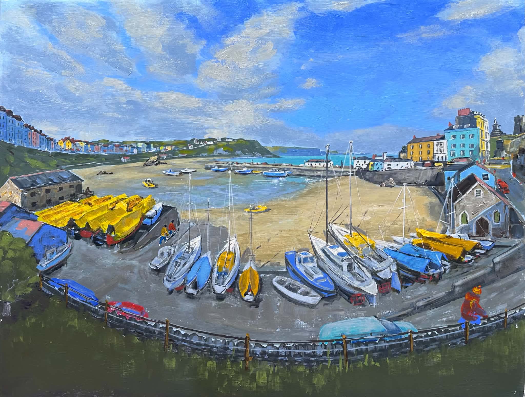 Original Painting titled Tenby by Skender Strica with gray, blue, white tones for room decor