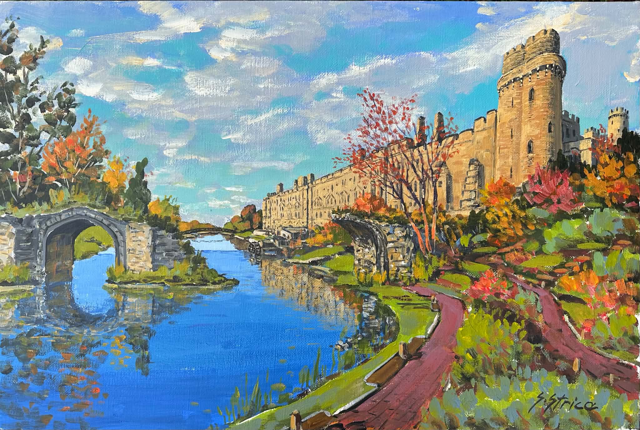 Original Painting titled Warwick Castle by Skender Strica with blue, orange, gray tones for room decor