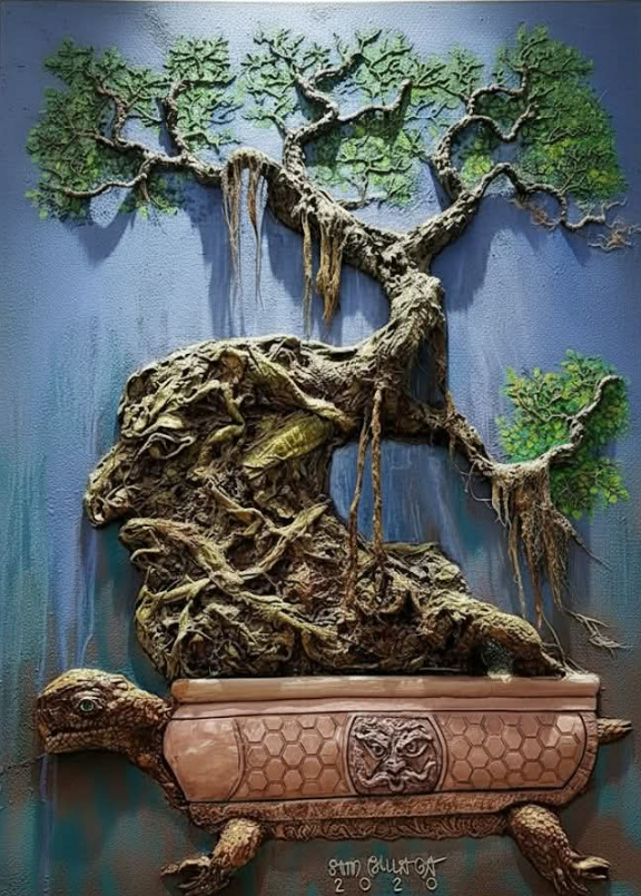 Original Sculpture titled Ancient Roots: The Sacred Ficus by Samuel Bulaga with blue, gray, beige tones for room decor