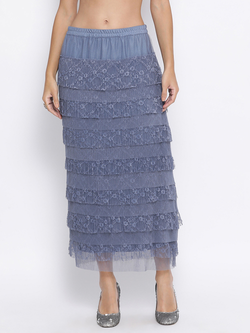 Lela Stone Blue Lace Frill Net Skirt Price in India