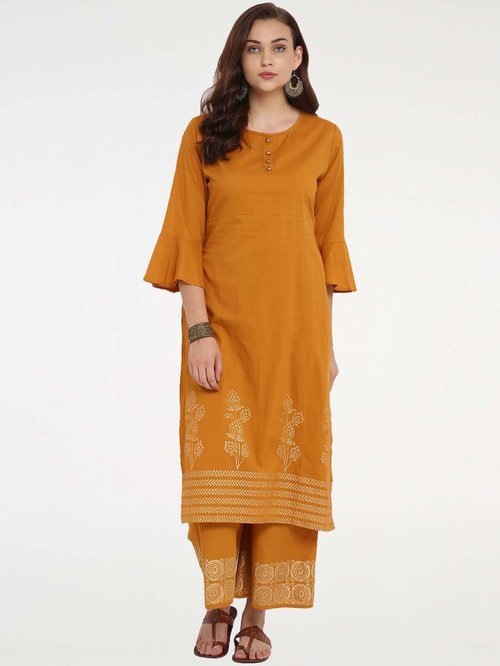 Bhama Couture Mustard Cotton Printed Kurti Palazzo Set Price in India