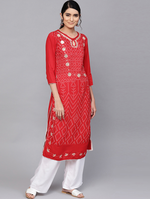 Ishin Red & White Printed Kurta Palazzo Set Price in India