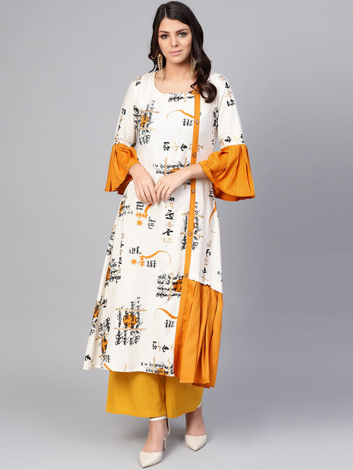 La Firangi White Cotton Printed A Line Kurta Price in India