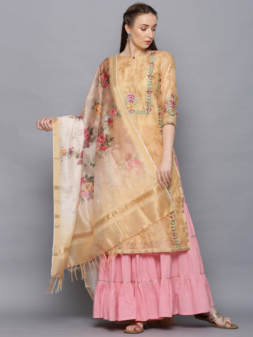 Amaiva Beige & Pink Embroidered Kurta Palazzo Set With Dupatta Price in India