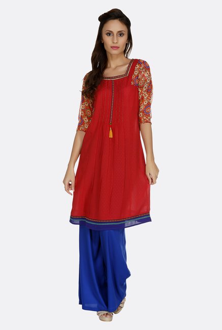 Fusion Beats Red Solid Kurta Price in India