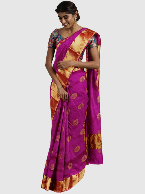 Pavecha's Purple & Golden Woven Saree With Blouse Price in India