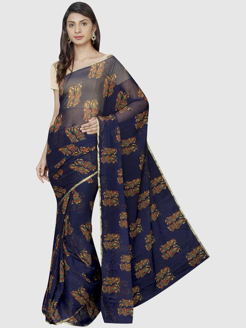 Pavecha's Blue & Red Printed Saree With Blouse Price in India