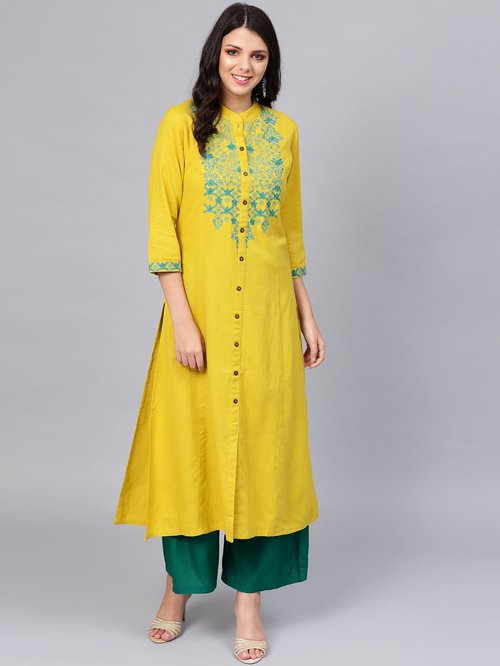 Divena Yellow Embroidered Straight Kurti Price in India