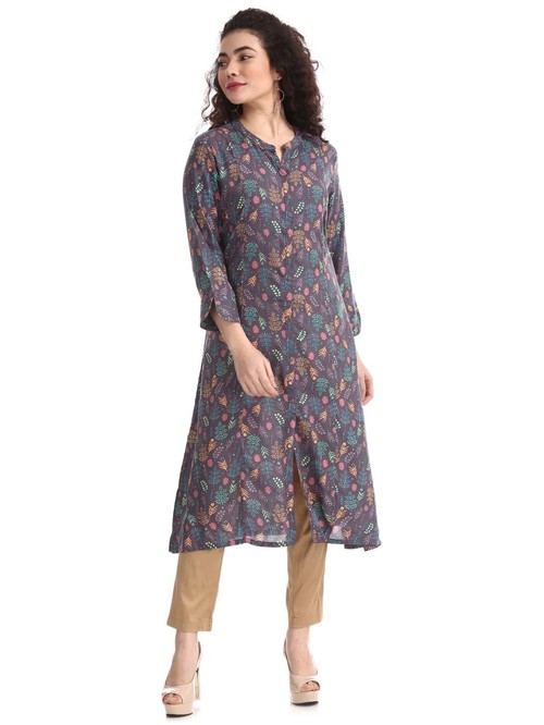 Karigari Grey Floral Print Straight Kurta Price in India