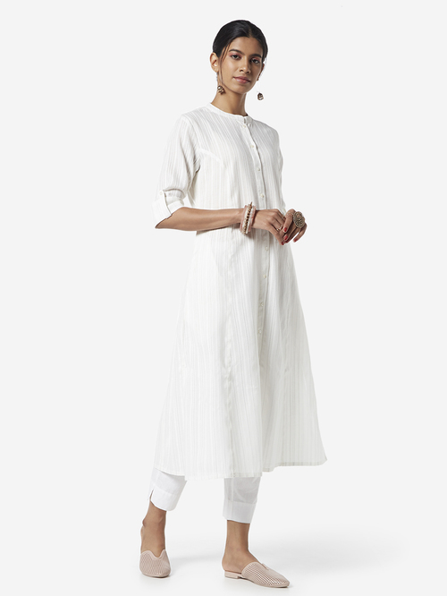 Utsa by Westside White Band-Neck Self-Striped A-line Kurta Price in India