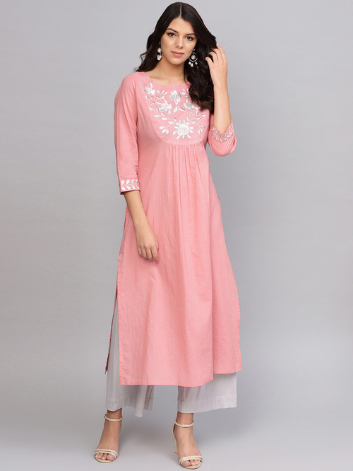 Varanga Pink Cotton Embroidered Straight Kurti Price in India