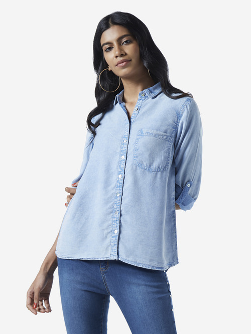 LOV by Westside Light Blue Acid Wash Casual Shirt Price in India