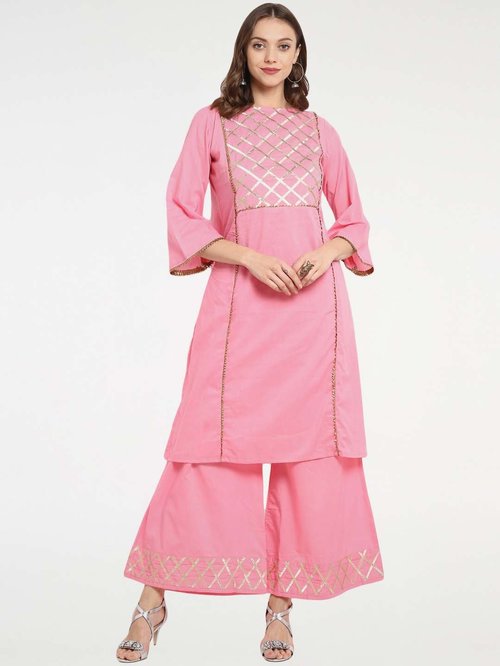 Bhama Couture Baby Pink Cotton Embroidered Kurti Palazzo Set Price in India