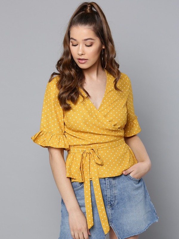 Casual Bell Sleeve Printed Women Yellow Top Price in India