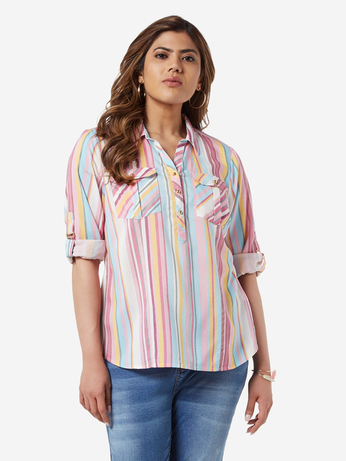Gia Curve by Westside Light Pink Striped Casual Shirt Price in