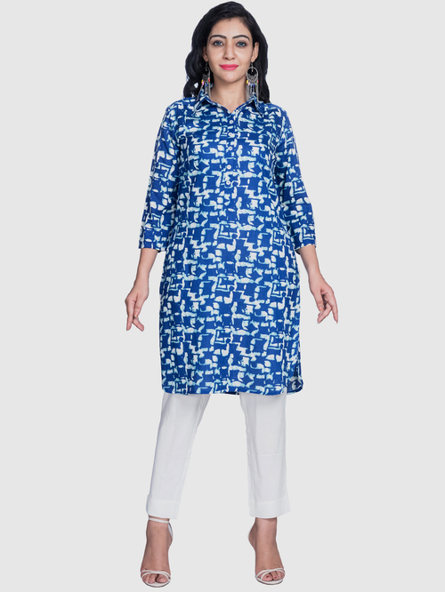 Suti Blue & White Printed Straight Kurti Price in India