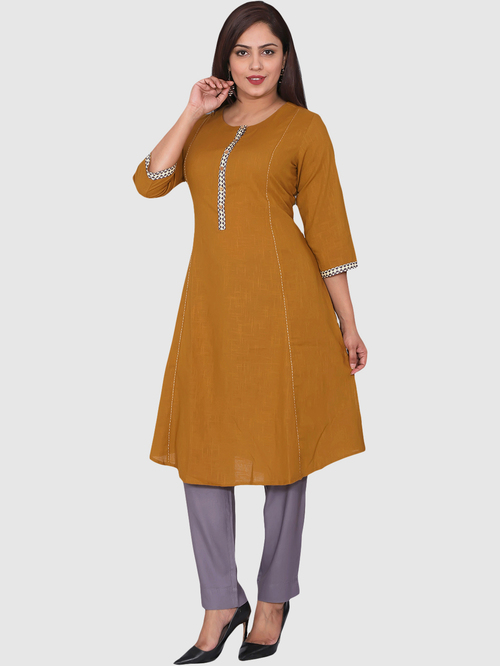 Suti Mustard Cotton Printed A Line Kurti Price in India