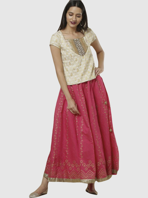 Imara Beige & Pink Printed Lehenga Choli Set With Dupatta Price in India