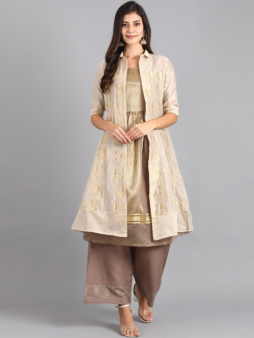 W Golden & Brown Solid Kurti Palazzo Set With Jacket Price in India