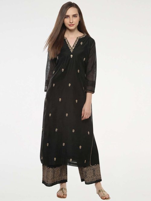 Bhama Couture Black Cotton Embroidered Kurti Palazzo Set Price in India