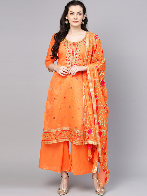 Ishin Orange Embroidered Kurta Palazzo Set With Dupatta Price in India