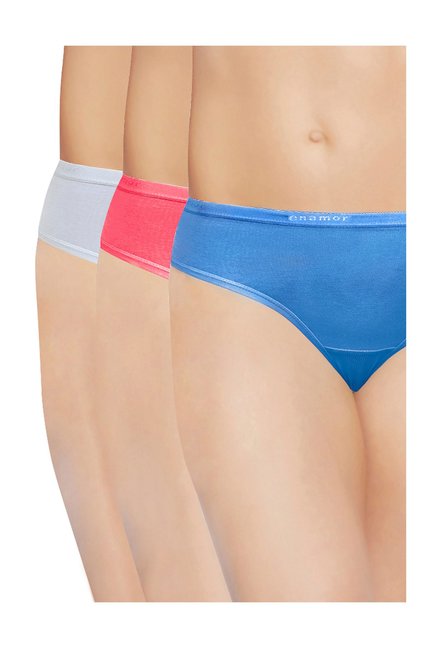 Enamor Blue, Red & Off White Mid Waist Bikini Panty - Pack Of 3 Price in India