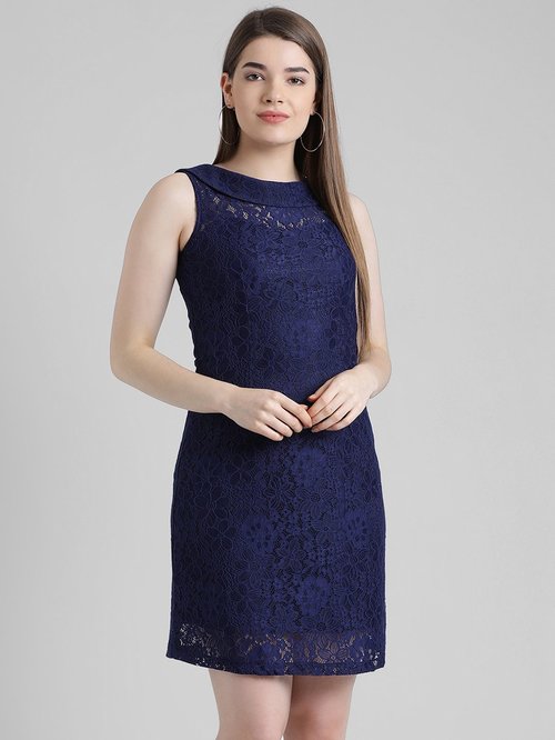 Zink London Blue Self Print Above Knee Dress Price in India