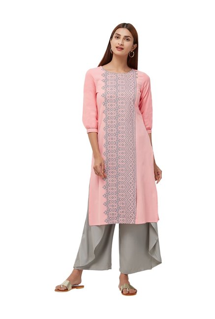 Naari Pink Cotton Embroidered Straight Kurti Price in India