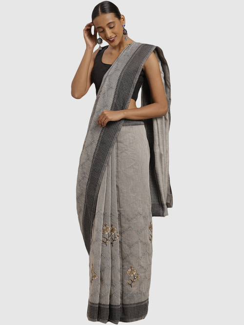 Soch Grey Cotton Embroidered Sarees With Blouse Price in India