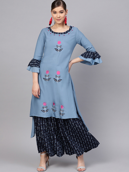 Ishin Blue Embroidered Kurta Sharara Set Price in India