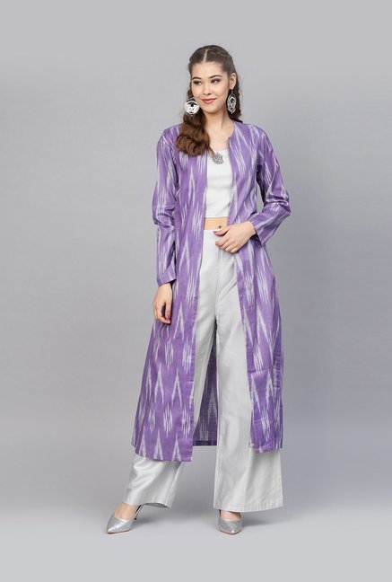 Inddus Grey & Purple Cotton Printed Top Palazzo Set With Jacket Price in India