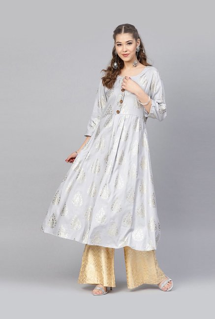 Inddus Grey & Golden Cotton Printed Kurti Palazzo Set Price in India