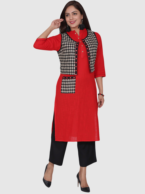 Suti Red Cotton Printed Straight Kurti With Jacket Price in India