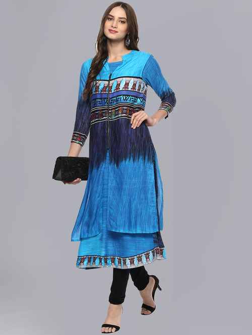 La Firangi Blue Cotton Printed Straight Double Layered Kurta Price in India