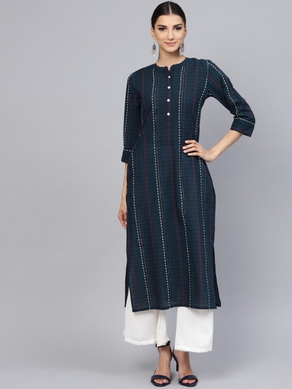 Women Striped Pure Cotton Straight Kurta Price in India