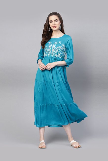 Jaipur Kurti Blue Embroidered A-Line Dress Price in India